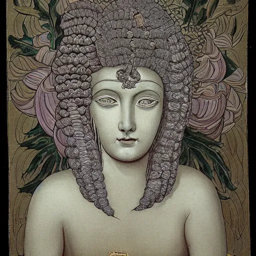 Image similar to detailed, portrait of medusa, Egyptian, surrounded by lotus flowers and geometry