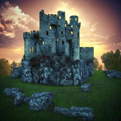 Image similar to | type : 3 d render | style : fantasy, detailed, hyperrealism | subject : a crumbling castle on a floating boulder | colors : gold and blue and green | scene : sky full of clouds during sunset | subject description : old and beautiful decaying castle | lighting : golden sunset | emotion : warm, peaceful | params :