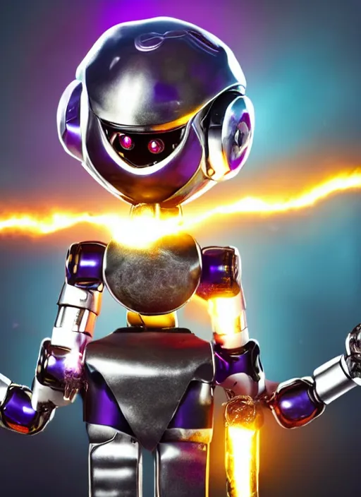 Image similar to apocalyptic scene, a cute humanoid robot holds a trophy over his head with purple and teal lightning in the background