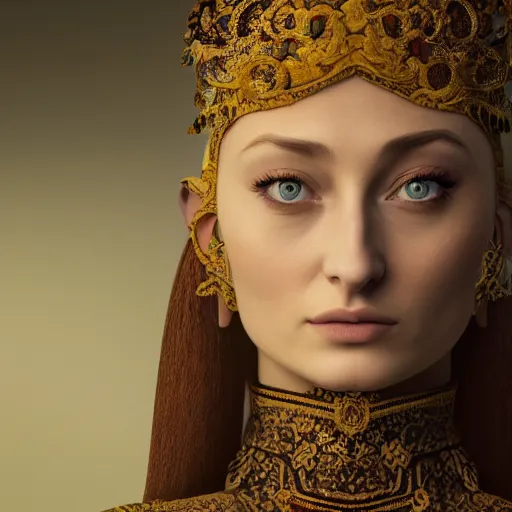 Image similar to sophie turner in javanese victorian clothing, hyper realistic, ambient lighting, concept art, intricate, hyper detailed, smooth, dynamic volumetric lighting, octane, raytrace, cinematic, high quality, high resolution, 4 k, cgsociety, rutkowski, gurney