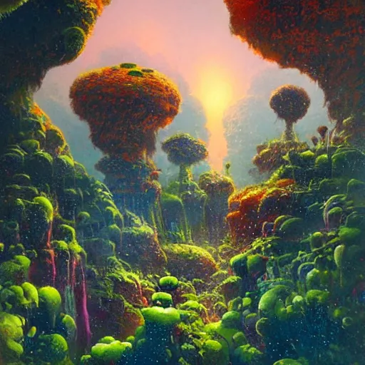 Prompt: detailed illustration of a lush natural scene on an alien planet by paul lehr. beautiful landscape. weird vegetation. cliffs and water.