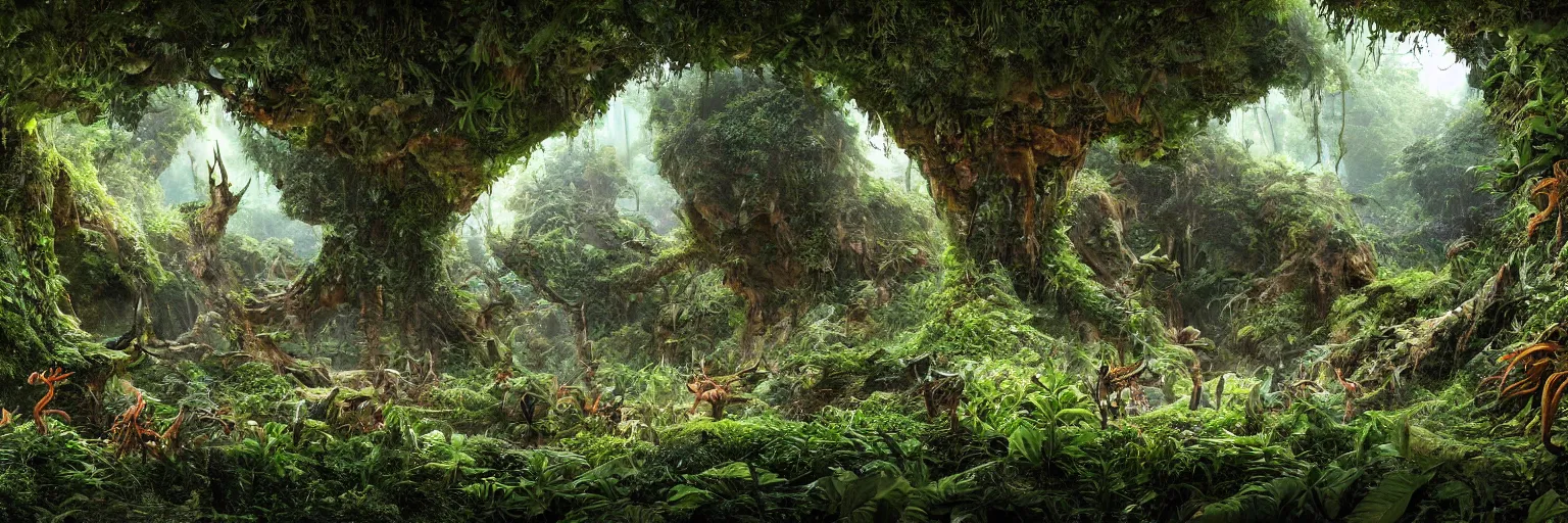 Prompt: underground cave on an exotic alien planet with a lush jungle archway of antler trees in the background, leafy overgrowth, crustacean - like weeds, by ian miller, rodney matthews and al feldstein, octane, ue 5, photorealistic render
