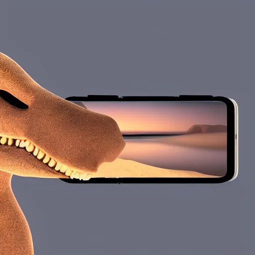 Image similar to photography, 3 d render, a cellphone mixed with dinosaur, sand