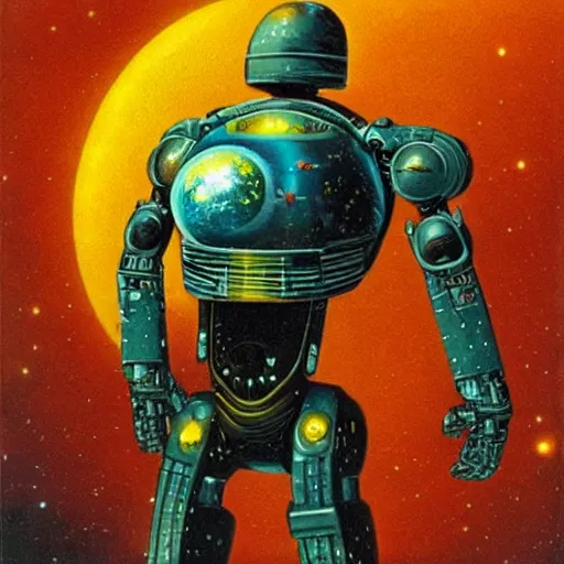 Prompt: the edge of the universe (on film), cybernetic cyborg warrior, by Rafal Olbinski and Chris Foss
