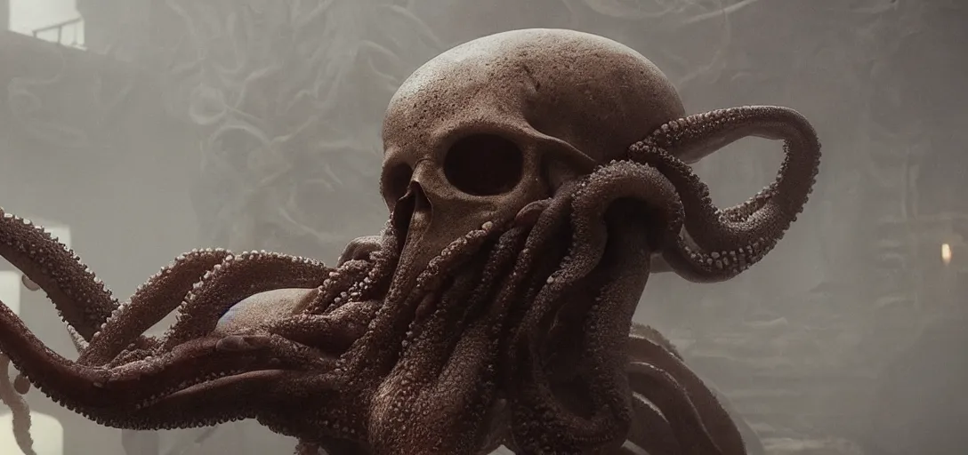 Prompt: an octopus in the shape of an skull, foggy, cinematic shot, photo still from movie by denis villeneuve, wayne barlowe