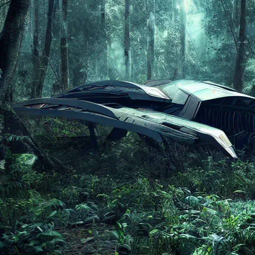 Prompt: a giant derelict metallic symmetrical spaceship crashed in a dense rainforest, foggy atmosphere, sharp details, photorealistic, octane render, god rays, cinematic lighting, immense scale