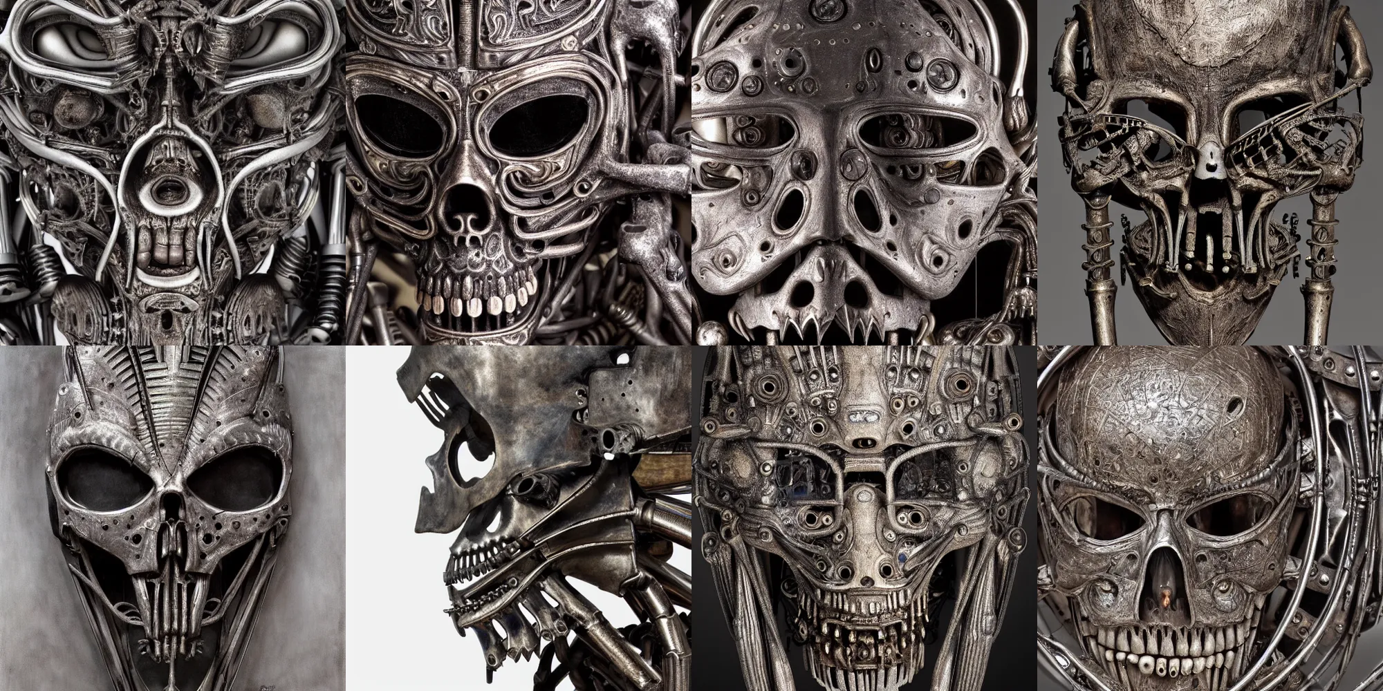 Prompt: closeup of metal Skeletal mask, intricate, biomechanical, mechanical by h.r giger, giger, highly detailed, soft lighting, 8k resolution, oil on canvas