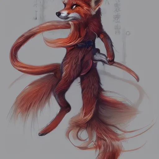 Image similar to A full-length portrait of a beautiful fox with nine tails，full of details, concept art, smooth, by Kittichai Rueangchaichan and wlop ，trending on cgsociety and artstation，8kHDR，light effect