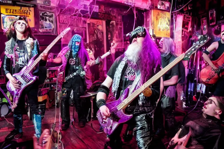 Image similar to energetic photo of a punk band performing live at CBGB with wizard Gandalf in purple wizard clothes as their lead singer