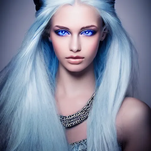 Image similar to incredibly beautiful portrait of A wonderful topmodel girl who looks like a priestess of love. With blue eyes. White hair.