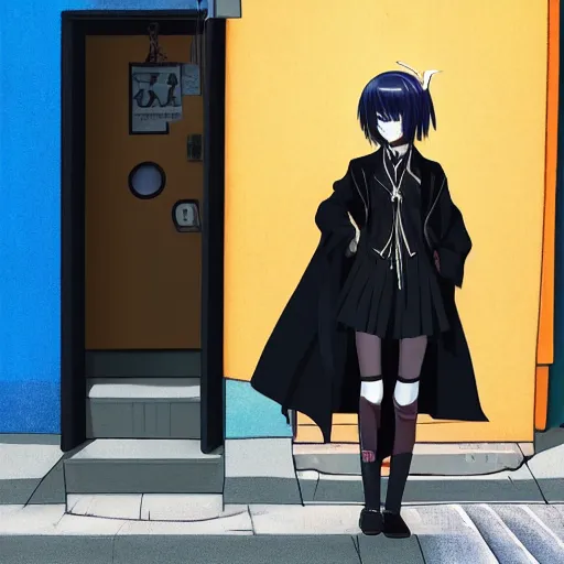 Image similar to 1 7 - year - old anime goth girl, black hair, long bob cut, long bangs, gothic coat, holding, shibuya, blue sunshine, in front of ramen shop, strong lighting, strong shadows, vivid hues, raytracing, sharp details, subsurface scattering, intricate details, hd anime, very - high - budget anime movie, 2 0 2 1 anime