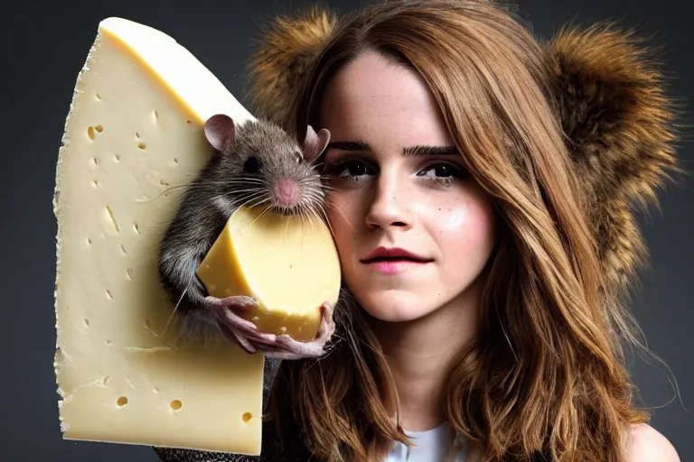 Image similar to photo, emma watson as anthropomorphic furry - rat, huge rats around, eating cheese, highly detailed, intricate details