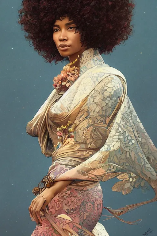 Prompt: ultra realistic illustration, woman with an afro wearing a kimono, sci - fi, fantasy, intricate, elegant, highly detailed, digital painting, artstation, concept art, smooth, sharp focus, illustration, art by artgerm and greg rutkowski and alphonse mucha