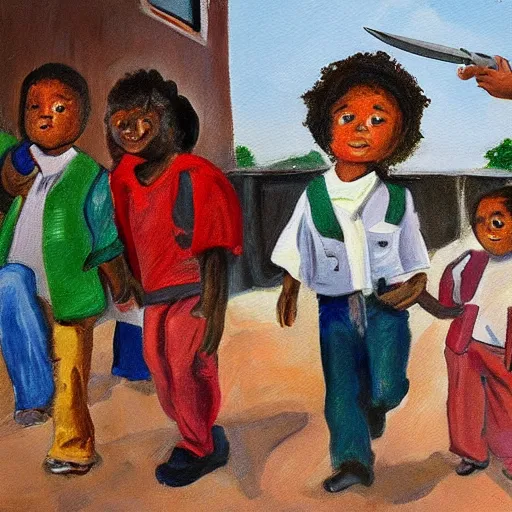 Image similar to painting of children in a schoolyard knife fight