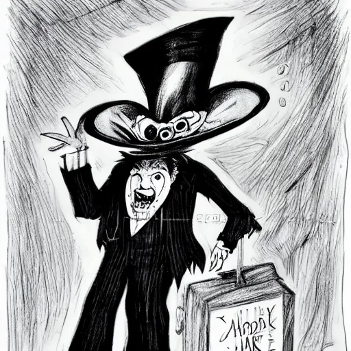 Image similar to a Pop Wonder scary horror themed goofy-hilarious-character Mad-Hatter-babadook-wearing a scarf, 3-piece-suit, dime-store-comic drawn with charcoal and pen and ink, half-tone-line-stacking