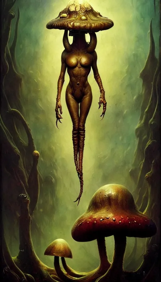 Image similar to exquisite imaginative imposing weird creature movie poster art humanoid hype realistic mushroom movie art by : : weta studio tom bagshaw james jean frank frazetta