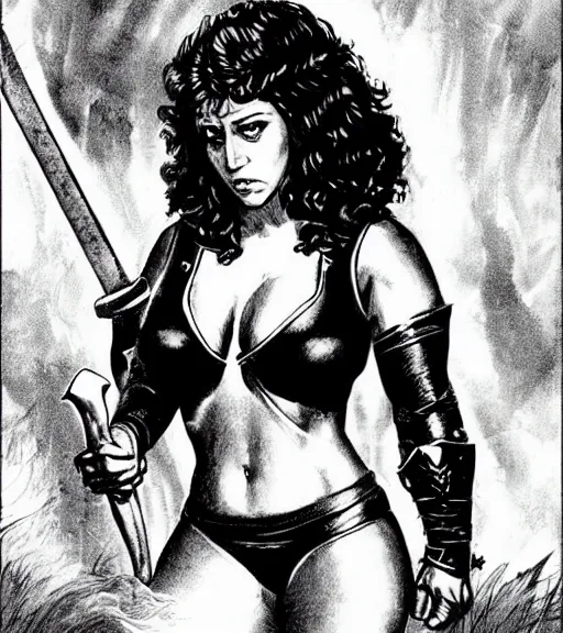 Image similar to 1 9 8 0 s fantasy novel book cover, bbw plus size amazonian rashida jones in extremely tight bikini armor wielding a cartoonishly large sword, exaggerated body features, dark and smoky background, low quality print