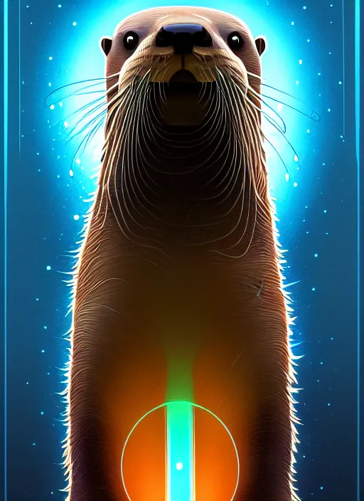 Image similar to symmetry!! portrait of a river otter, sci - fi, tech wear, glowing lights!! intricate, elegant, highly detailed, digital painting, artstation, concept art, smooth, sharp focus, illustration, art by artgerm and greg rutkowski and alphonse mucha