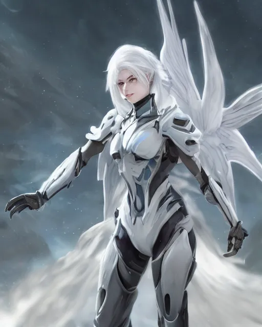 Prompt: perfect white haired girl, warframe armor, beautiful, dreamy, half asian, pretty face, blue eyes, detailed, windy weather, scifi, angel wings, utopian architecture, laboratory, 4 k, ultra realistic, epic lighting, cinematic, high detail, masterpiece, art by akihito tsukushi, akasuki voidstar
