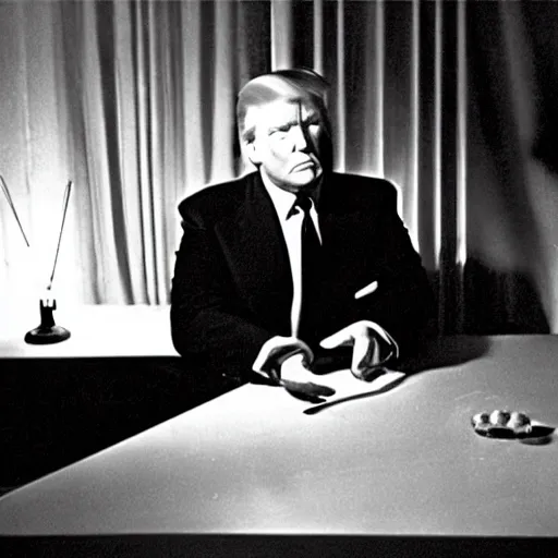 Image similar to a film still from a 1 9 4 0's film noir movie with donald trump sitting at a metal table in an dark interrogation room with a hanging light shining on him illuminating his face