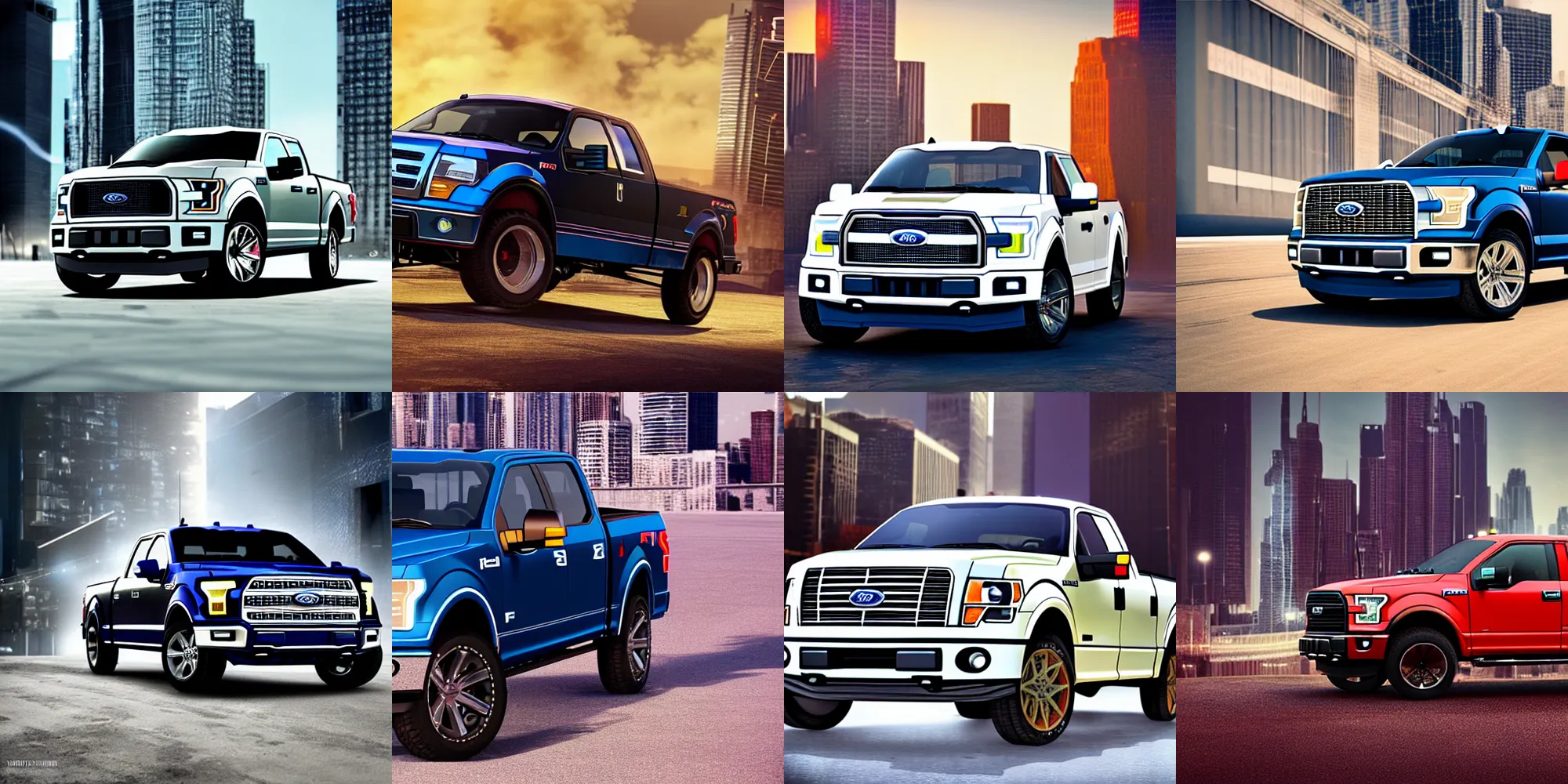 Prompt: a render of a Ford F150 pickup, spacecraft, model,cityscape, futuristic, HD photography, cinematic lighting, movie shot,