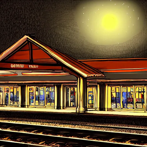 Prompt: train station designed by tim burton at night art digital