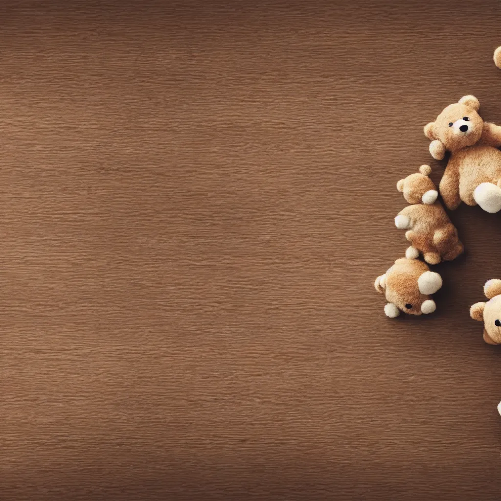 Image similar to top down view with teddy bear on top of wooden table, wallpaper, 4k, photorealistic