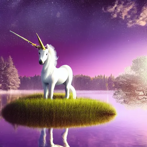 Prompt: a white unicorn drinking from a lake. the moon shines in the background forest on the unicorn. beautiful artstation, 4 k, hdr.