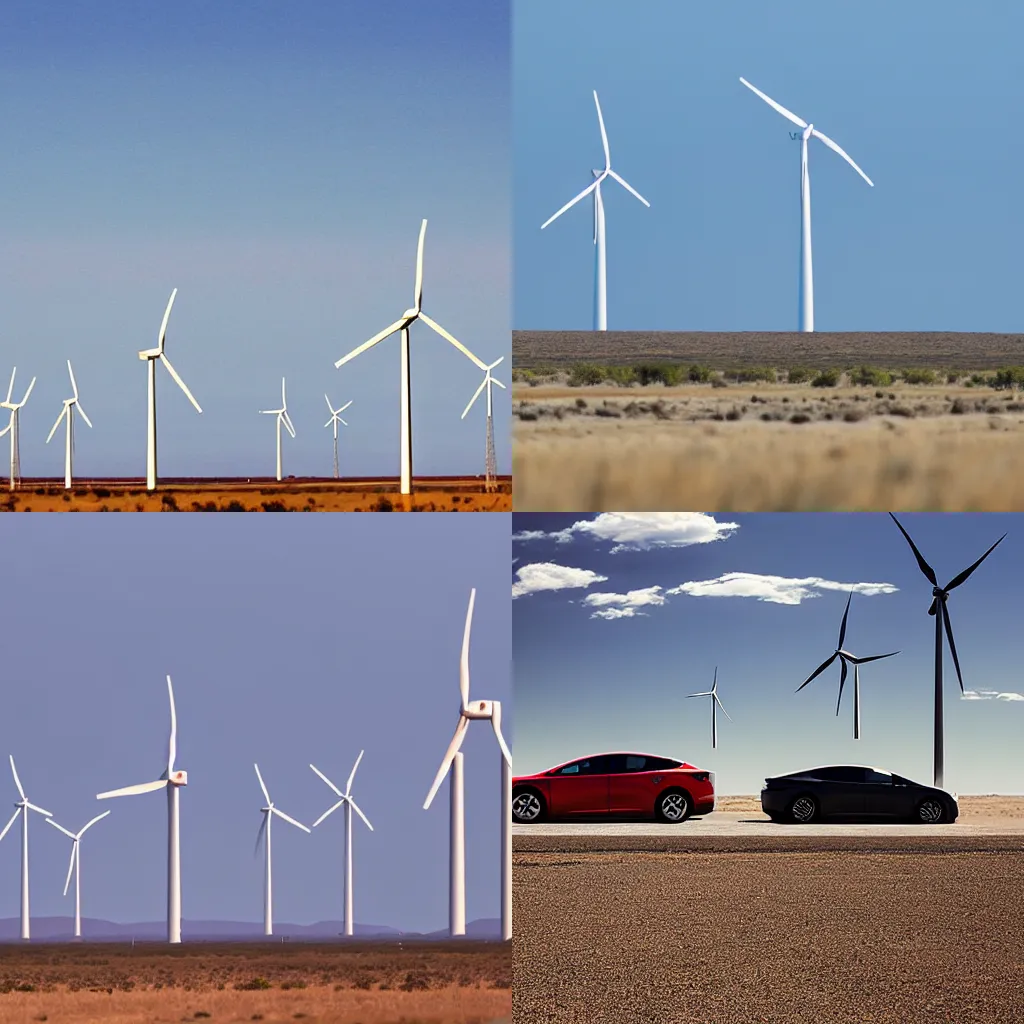 Prompt: Teslas in West Texas with wind turbines on horizon, by James Gilleard, by James Gilleard, by James Gilleard