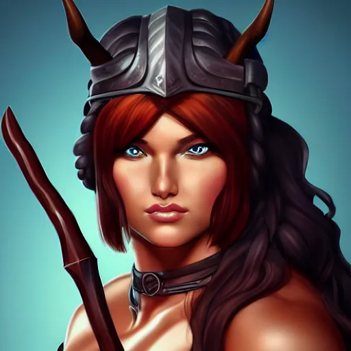 Image similar to head and shoulders portrait of a barbarian, female, by artgerm, behance hd, shutterstock, clean cel shaded vector art illustration,