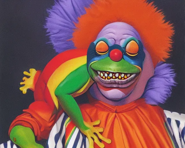 Prompt: The Clown Frog King welcomes you Clown World, painting by Ralph McQuarrie, clown frog king in clown makeup and rainbow wig, chaotic