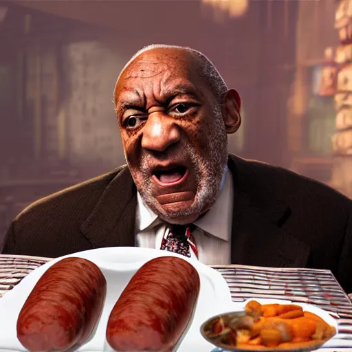 Image similar to bill cosby eating sausages, rapture, bioshock, photorealistic, 4 k, ultra realistic. isometric