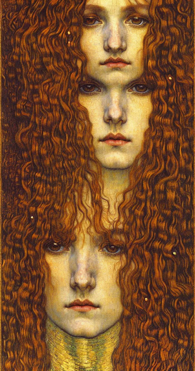 Image similar to detailed realistic beautiful young medieval queen face portrait by jean delville, gustav klimt and vincent van gogh, art nouveau, symbolist, visionary, gothic, pre - raphaelite, muted earthy colors, desaturated