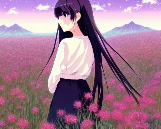 Image similar to beautiful anime girl with long black hair and bangs, wearing a white sweater, fine details portrait, a field of flowers and mountains in background, bokeh. anime masterpiece by Studio Ghibli. illustration, sharp high-quality anime illustration in style of Ghibli, Ilya Kuvshinov, Artgerm