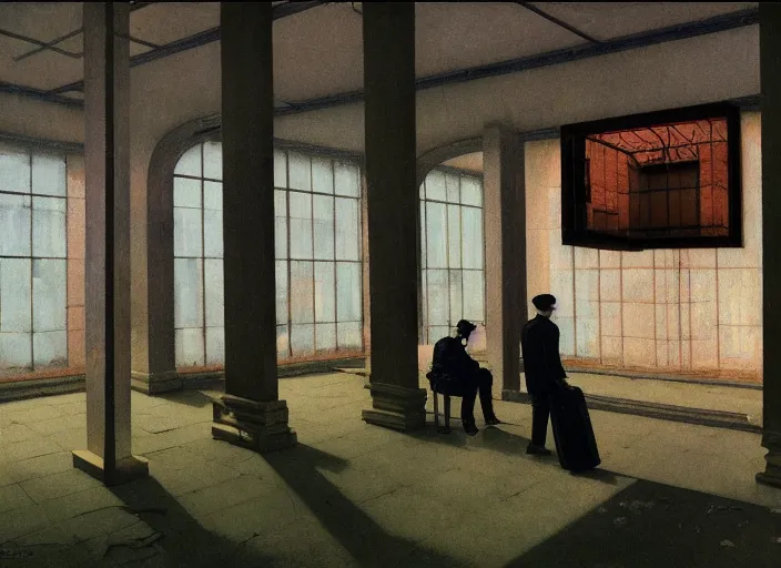 Prompt: people with oxygen tanks at decaying bank in the style of Magritte, Edward Hopper and Francis Bacon and James Gilleard, Zdzislaw Beksinski, open ceiling, highly detailed, painted by Francis Bacon, Surreal, Norman Rockwell, Greg Hildebrandt, and Mark Brooks, triadic color scheme, By Greg Rutkowski, in the style of Francis Bacon and Syd Mead and Edward Hopper and Norman Rockwell and Beksinski, open ceiling, highly detailed, painted by Francis Bacon, painted by James Gilleard, surrealism, airbrush