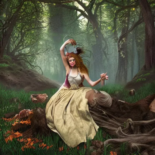 Prompt: the court jesters wife lost in the woods, pretty, beautiful, hyper realistic fantasy painting, artstation, by ansel adams and annie leibovitz, cinematic, magical