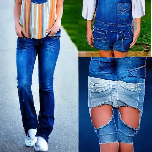 Image similar to the girl is wearing a tank top, with sleeves cut off, blue three pocket jeans