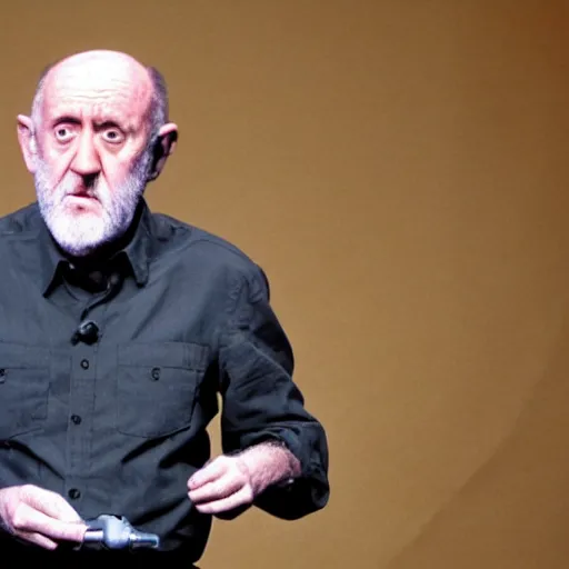 Image similar to mike ehrmantraut pretending to be george carlin on stand up night