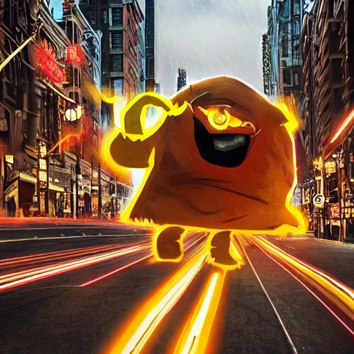 Prompt: bitcoin monster chasing people scared in city, cinematic composition, designed by cointelegraph, hyper - detailed