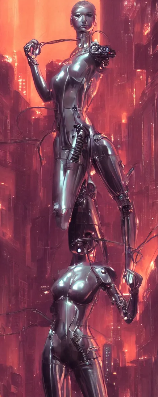 Image similar to beauty Blade Runner woman, futuristic mechanical, cyberpunk, dramatic lighting, lots of cables and wiring, electrical details, trending on artstation, by Hajime Sorayama and Boris Vallejo