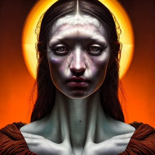 Prompt: Colour Caravaggio style Photography of Beautiful woman with highly detailed 1000 years old face wearing higly detailed sci-fi halo above head designed by Josan Gonzalez Many details. . In style of Josan Gonzalez and Mike Winkelmann andgreg rutkowski and alphonse muchaand Caspar David Friedrich and Stephen Hickman and James Gurney and Hiromasa Ogura. Rendered in Blender, volumetric natural light