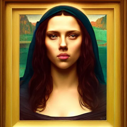 Image similar to scarlett johansson as mona lisa, highly detailed, digital painting, artstation, concept art, matte, sharp focus, illustration, art by artgerm and greg rutkowski and alphonse mucha