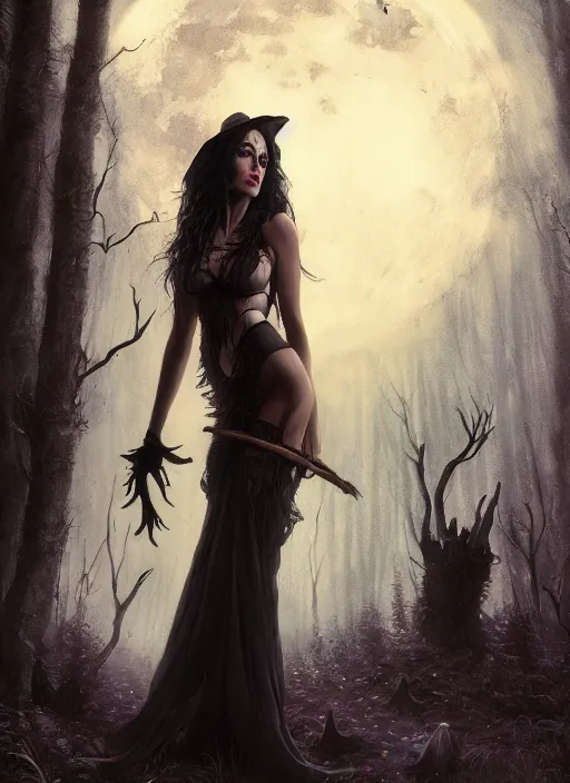 Prompt: close - up portrait of a beautiful woman as witch in front of the full big moon in a fantasy forest, black bra, by james gurney, max liebermann, greg rutkowski, highly detailed digital art, artstation