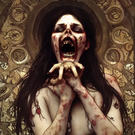 Prompt: horrific zombie man screaming, intricate, art by artgerm and greg rutkowski and alphonse mucha and william - adolphe bouguereau, high detailed, 4 k,