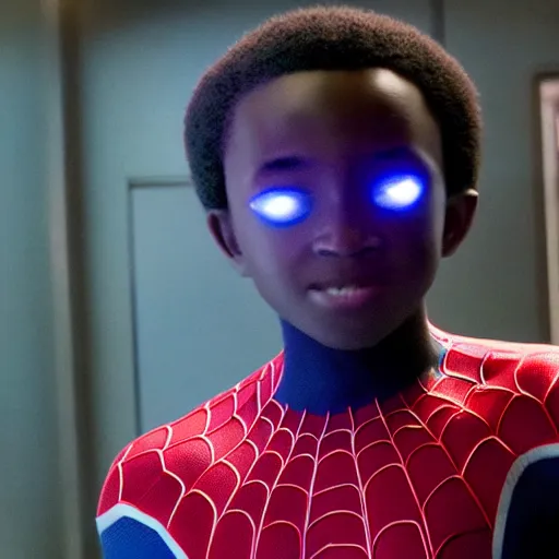 Image similar to Caleb McLaughlin as miles morales spiderman, 8k, super realistic, cinematic cinematography, marvel movie,