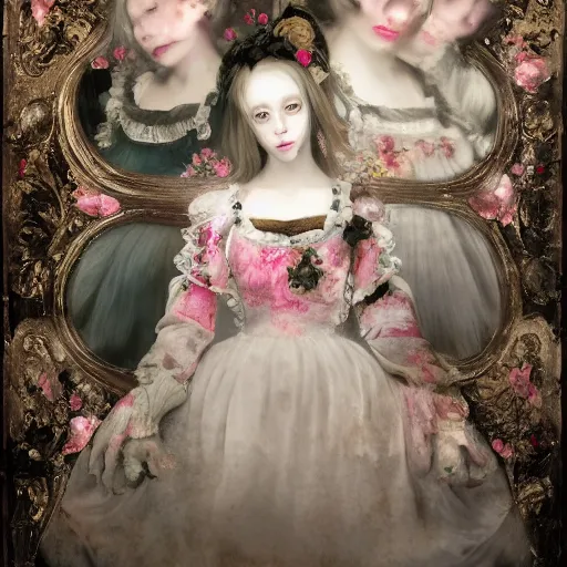 Image similar to 8k, octane render, realism, tonalism, renaissance, rococo, baroque, group of creepy young ladies wearing long harajuku manga dress with flowers and skulls, background chaotic flowers