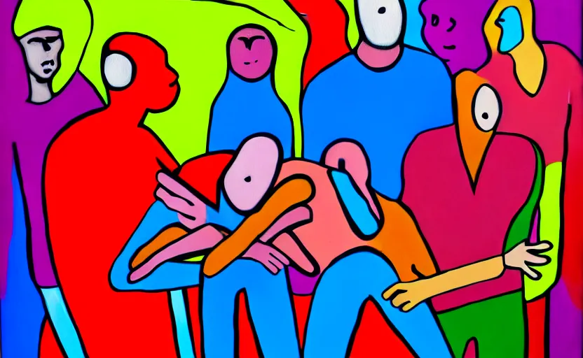 Prompt: a surreal colourful painting of a frightened young man surrounded by people without eyes and crt television s 1 5 0