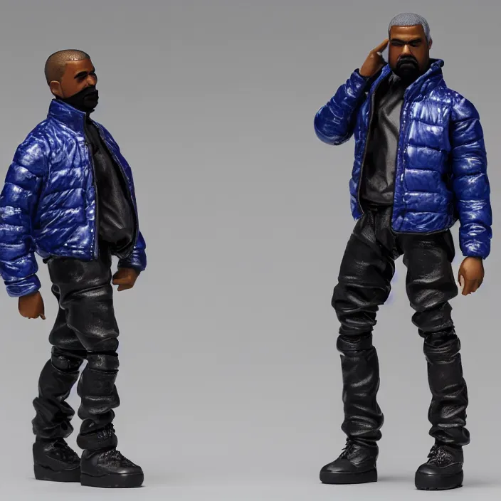 Image similar to a action figure of kanye west using full face - covering mask with small holes. a small, tight, undersized reflective bright blue round puffer jacket made of nylon. a shirt underneath. black jeans pants made of nylon. a pair of big rubber boots, figurine, detailed product photo, 4 k, realistic, acton figure, studio lighting, professional photo