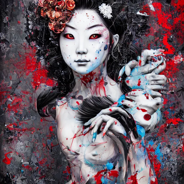 Prompt: disconfigured geisha, dark art by james jean, part by ross tran, part by ariduka 5 5, ultra realistic, high definition, 3 d render, paint splatter background by damien hirst, masterpiece