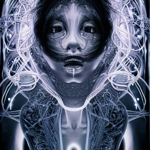 Image similar to woman integrating with technology, full face under a Full Moon, detailed intricate ornate cables connected to head, luscious thick hair, big open electric eyes, luxurious detailed abundent wiring and implants, sci-fi, neon, 8k ultra realistic night time photography of a mystical cosmic night, highly detailed, Rene Lalique and Eddie Mendoza